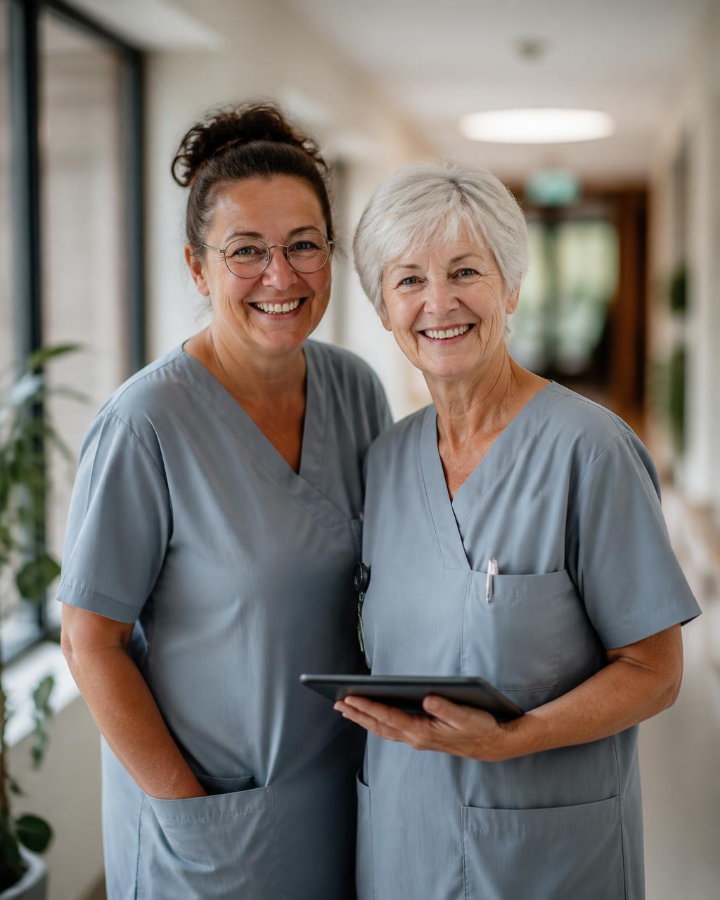 Twee lachende zorgmedewerkers in een woonzorglocatie, één met een tablet in de hand